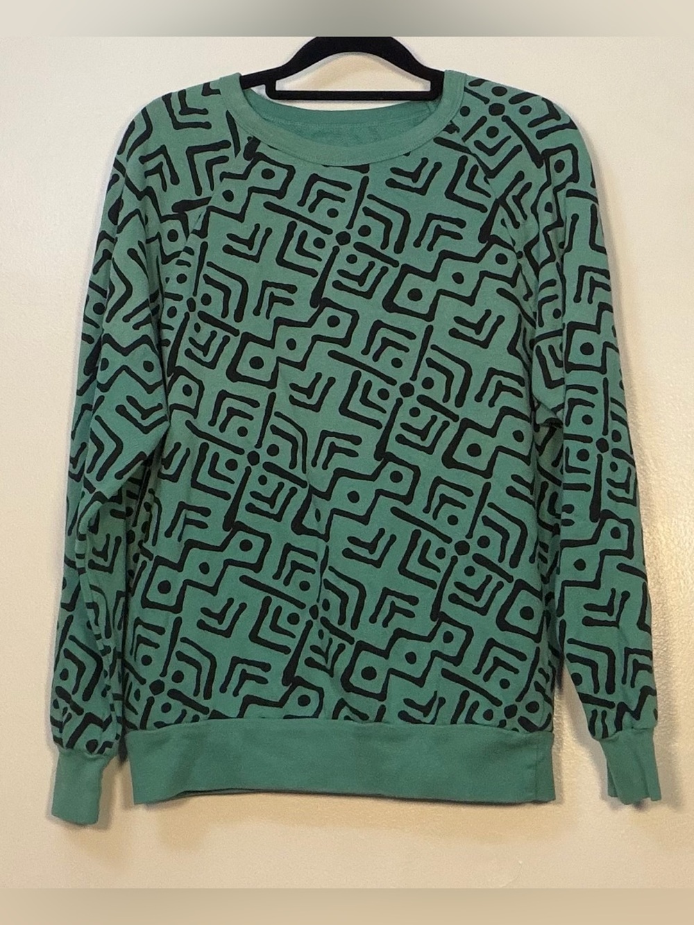 Teal Crewneck Sweater with Black Geometric Print